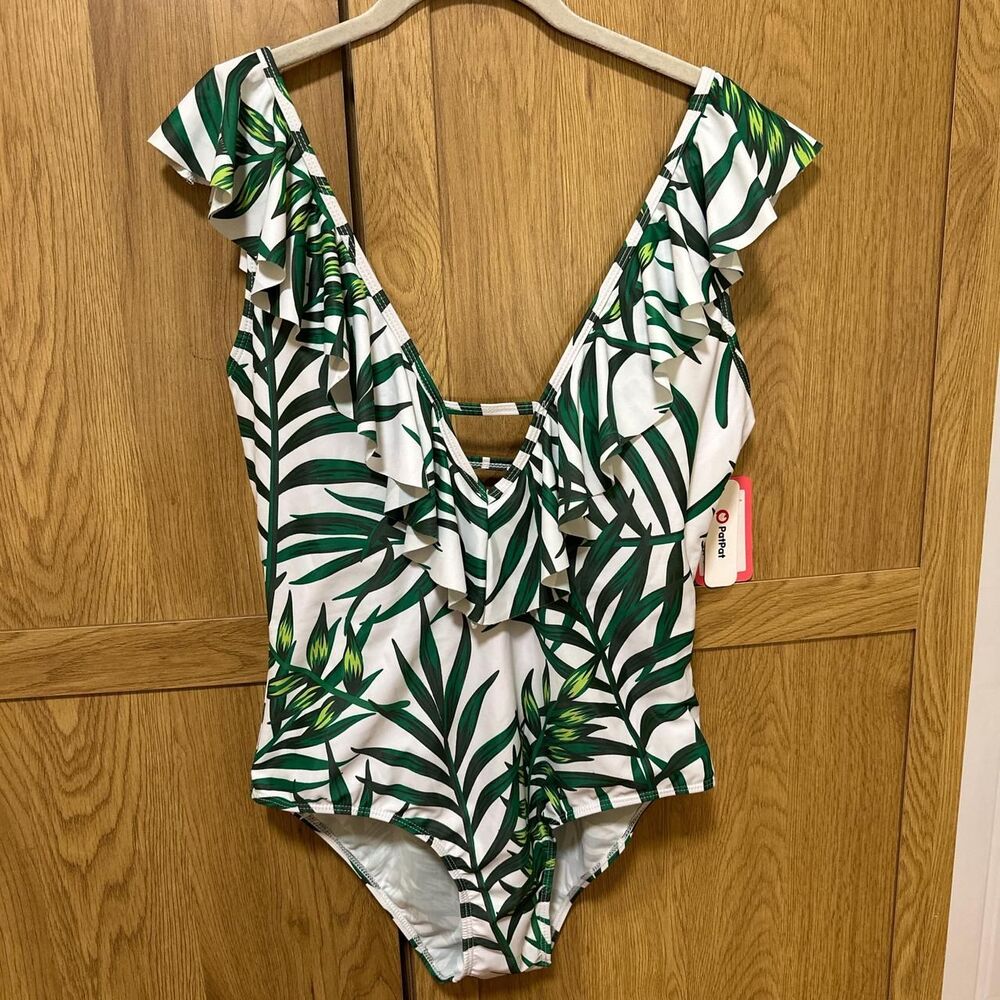 PatPat XL 14 Tropical Leaf One Piece Swimsuit Ruffle Shoulder Swimwear